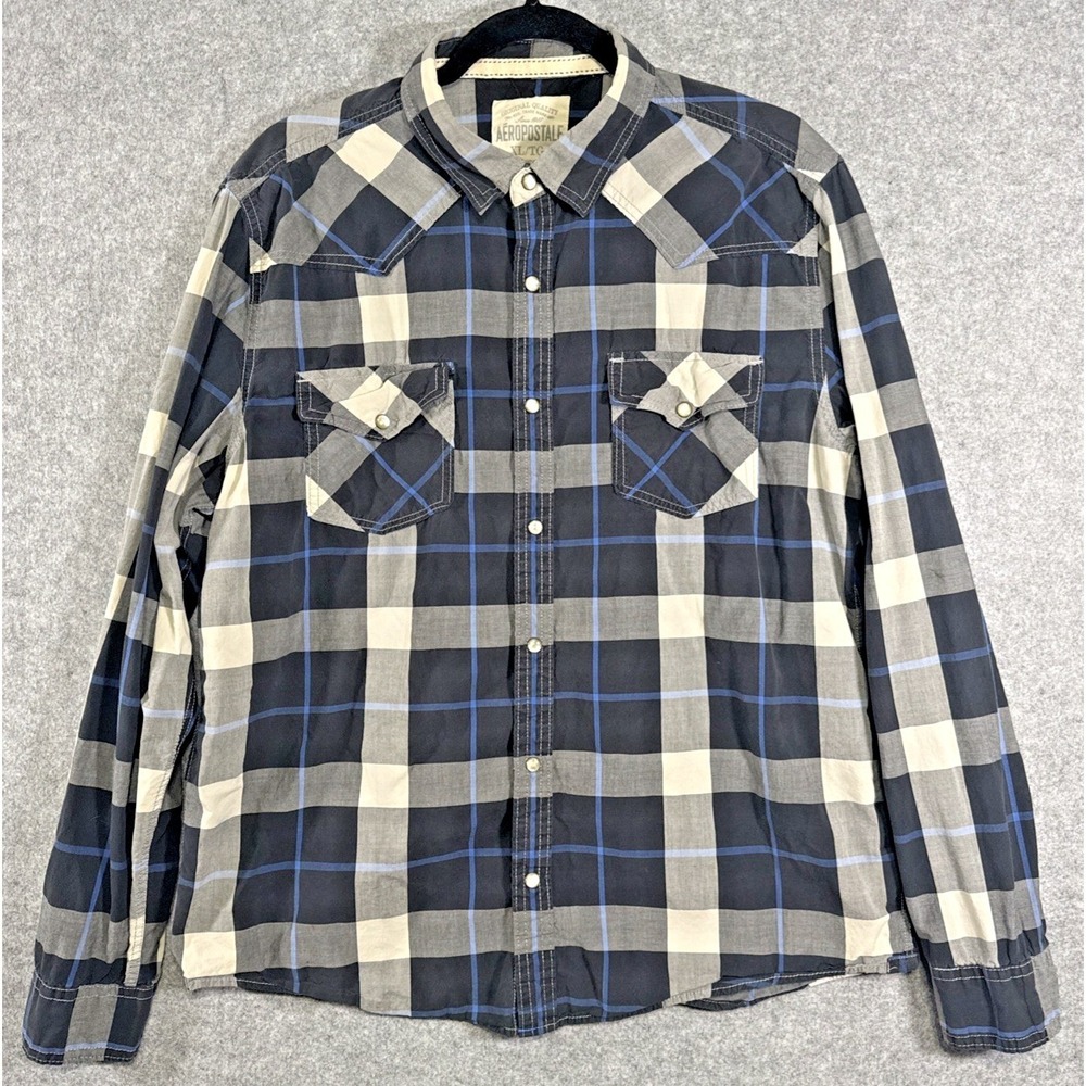 Aeropostale Western Pearl Snap Shirt Mens XL Blue Grey Plaid Cotton Long Sleeve